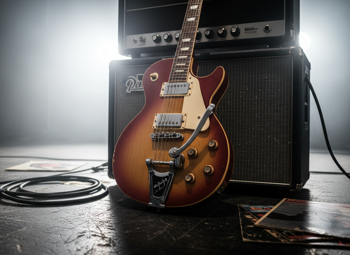 A gleaming vintage sunburst electric guitar with chrome hardware and slightly worn fretboard rests upright against a stack of black-and-silver tube amplifiers, their control knobs set boldly to high levels. The scene is on a slightly scuffed dark wooden stage floor, scattered with thick coiled instrument cables and a few classic rock vinyl sleeves. Dramatic stage lighting from above and behind creates sharp highlights on the guitar’s curves and metallic parts, casting long shadows toward the viewer. Photographic realism, shot from a low-angle perspective with shallow depth of field, making the guitar the intense focal point while the amps and records blur into a gritty, powerful rock-and-roll atmosphere.