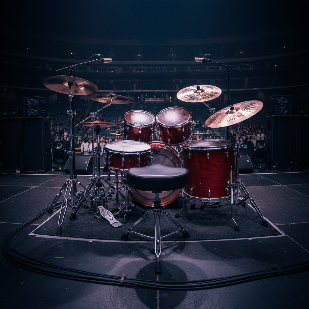 A dramatic view of a powerful drum kit captured from behind the throne, focusing on chrome hardware, reflective cymbals, and deep cherry-red shells with visible wood grain. The drum riser sits on a black stage, surrounded by towering speaker cabinets and a coiled snake of thick black cables. Intense colored stage lights in saturated blues, reds, and purples blaze from the front of the stage, creating complex reflections on the cymbals and subtle rim lighting on the drum edges. Photographic realism, wide-angle lens emphasizing depth, with the empty arena seats blurred into darkness beyond, conveying a bold, high-energy classic rock atmosphere moments before the show explodes.