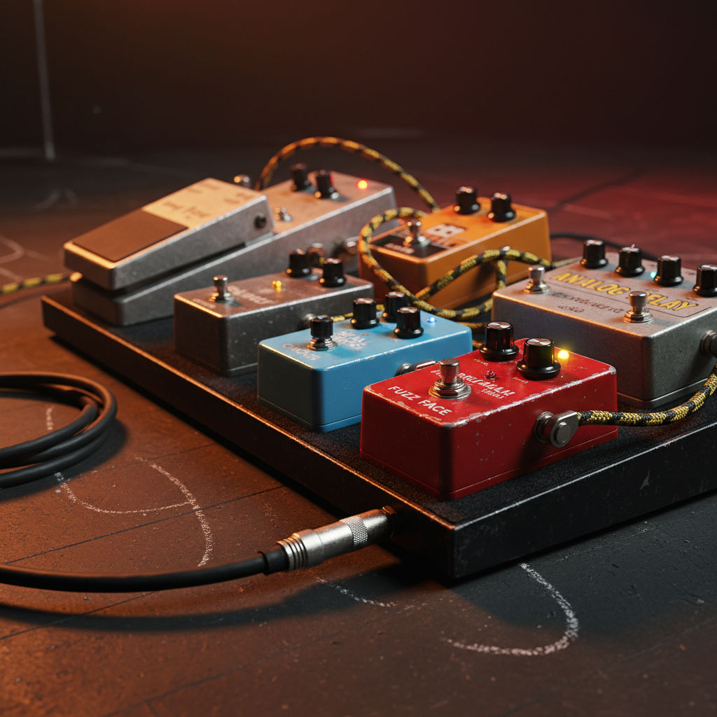 A rugged black guitar pedalboard sprawled across a stage floor, loaded with brightly colored vintage-style effects pedals—distortion, chorus, delay, and wah—each with worn paint, glowing LEDs, and silver knobs set aggressively. Heavy-duty patch cables snake between pedals, and a single instrument cable leads offstage. The stage surface is dark and slightly dusty, with chalk markings indicating stage positions faintly visible. Warm amber and deep red stage lights from above create dramatic highlights and soft shadows, emphasizing the metallic textures and glowing indicators. Photographic realism, shot from a low, side-on angle with a shallow depth of field, making the nearest pedal razor-sharp while the rest fade into a bold, electric, high-voltage rock ambiance.