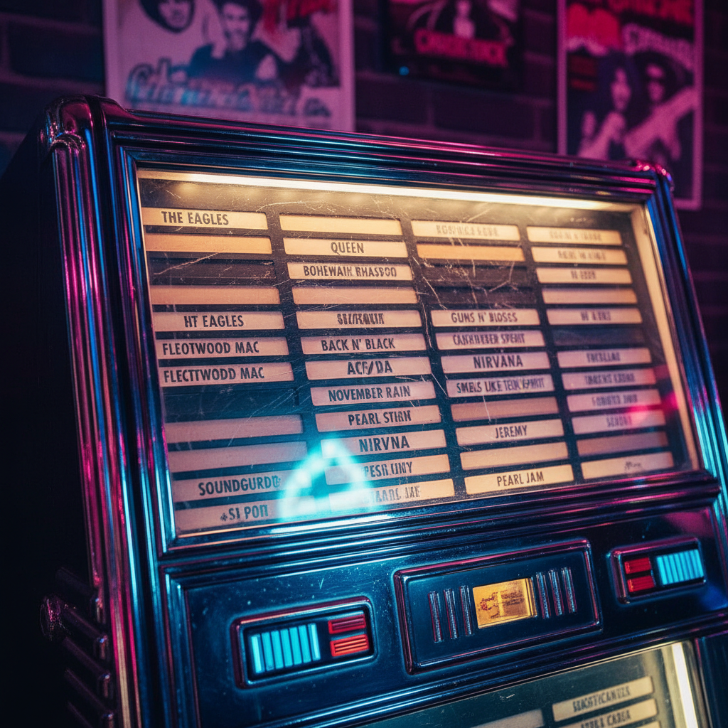 A close-up of a classic rock jukebox interface, focusing on rows of song selection cards featuring legendary band names and track titles from the 70s, 80s, and 90s, neatly arranged behind slightly scratched glass. The jukebox chassis is polished chrome with bright red and electric blue accents, reflecting light in sharp highlights. It stands against a dark brick wall with faint rock posters barely visible in the blur. Neon bar-style lighting casts a saturated magenta and cyan glow across the metal and glass, creating bold reflections. Photographic realism, slightly elevated angle with selective focus on the middle row of songs, capturing an energetic yet nostalgic atmosphere perfect for a classic rock-focused site.