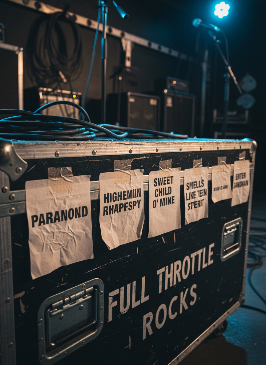 A close-up of a row of classic rock concert setlists taped to a rugged black road case, each setlist printed on crumpled white paper with bold track names from the 70s, 80s, and 90s, some corners curling slightly. The road case surface shows scratched metal edges, heavy-duty latches, and faded stenciled lettering reading “Full Throttle Rocks.” The background is a dimly lit backstage area with blurred cables and equipment. Cool overhead work lights cast stark, directional illumination, highlighting the paper texture and metallic reflections. Photographic realism, eye-level composition, with a narrow depth of field that creates an intense, behind-the-scenes mood, bold and anticipatory.